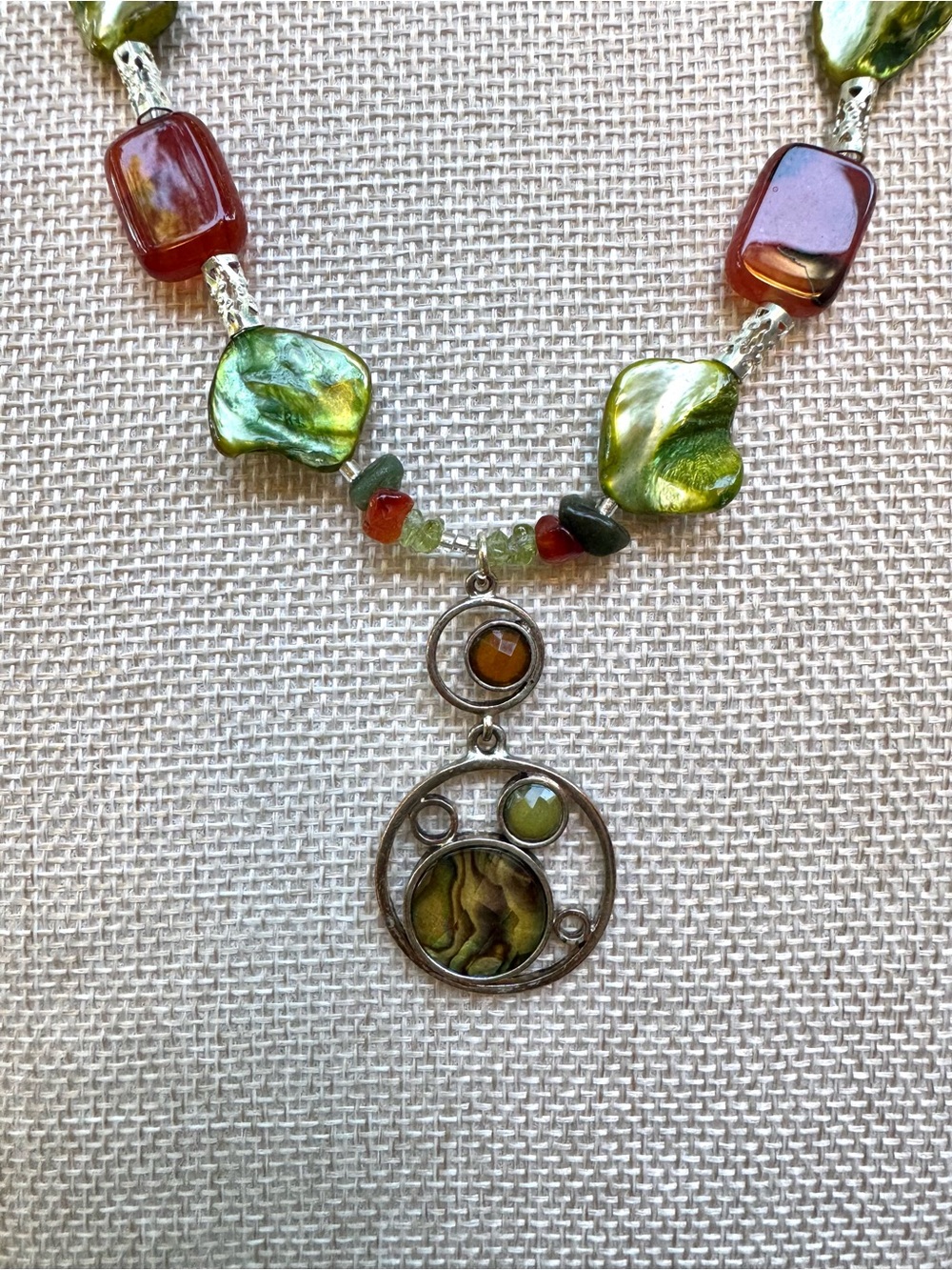 Artisan Green Mother of Pearl, Peridot, Carnelian & Aventurine Pendant Necklace - Picture 8 of 10
